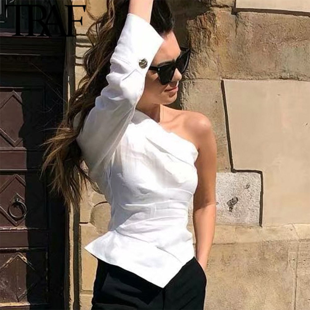 TRAF Women Blouses Vintage Sexy One Shoulder Tops 2019 Fashion Irregular Collar Pleated Stylish White Shirts Blusas Mujer