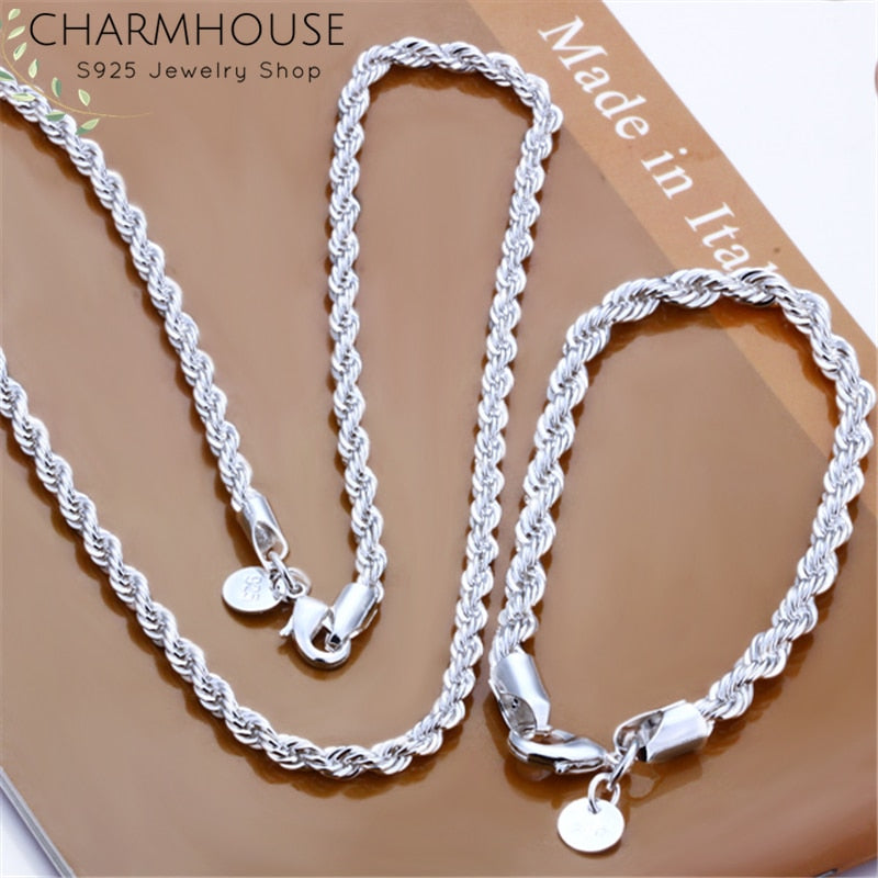 Charmhouse Silver 925 Jewelry Sets For Women Men 3mm Twisted Chain Bracelet Necklace 2pcs Sets Fashion Jewelry Wholesale Bijoux