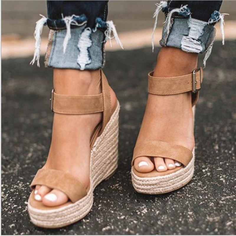 Women's sandals summer new sandals women's large size spot wedge buckle belt European  American open toe high heel women's shoes