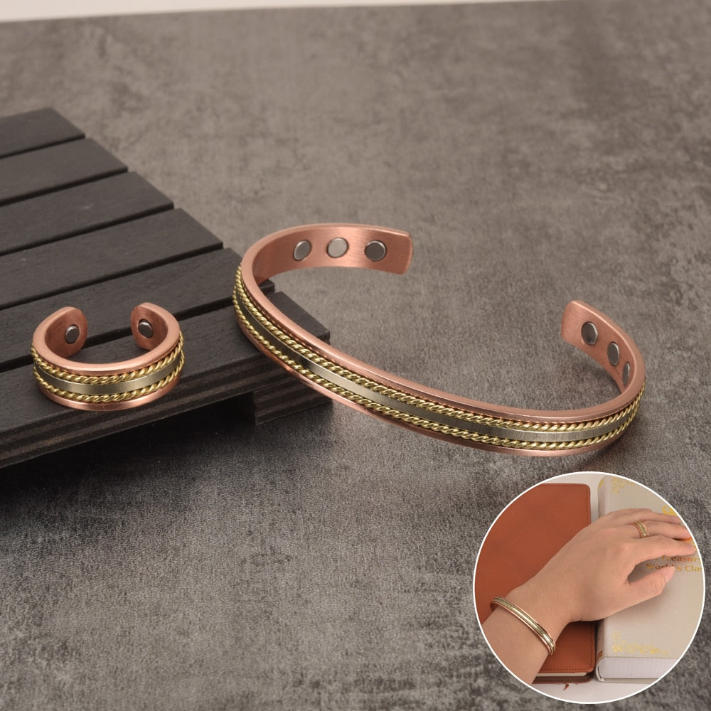 Jewelry-Set Magnetic Copper Bracelet Ring Healing Energy Jewelry Sets for Women Rose Gold Adjustable Cuff Ring Bracelets Bangles