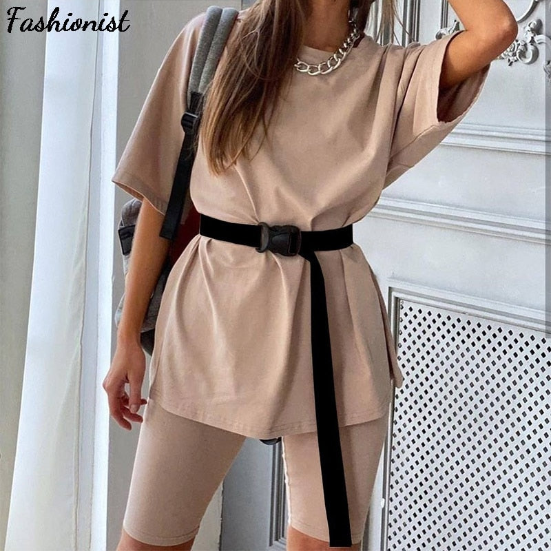 Casual Solid Outfits Women's Two Piece Suit with Belt Home Loose Sports Tracksuits Fashion Bicycle Summer Hot Suit 2021