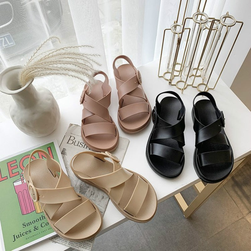 2020 New Summer Flat Sandals Women Shoes Gladiator Open Toe Buckle Soft Jelly Sandals Female Women's Flat Platform Beach Shoes