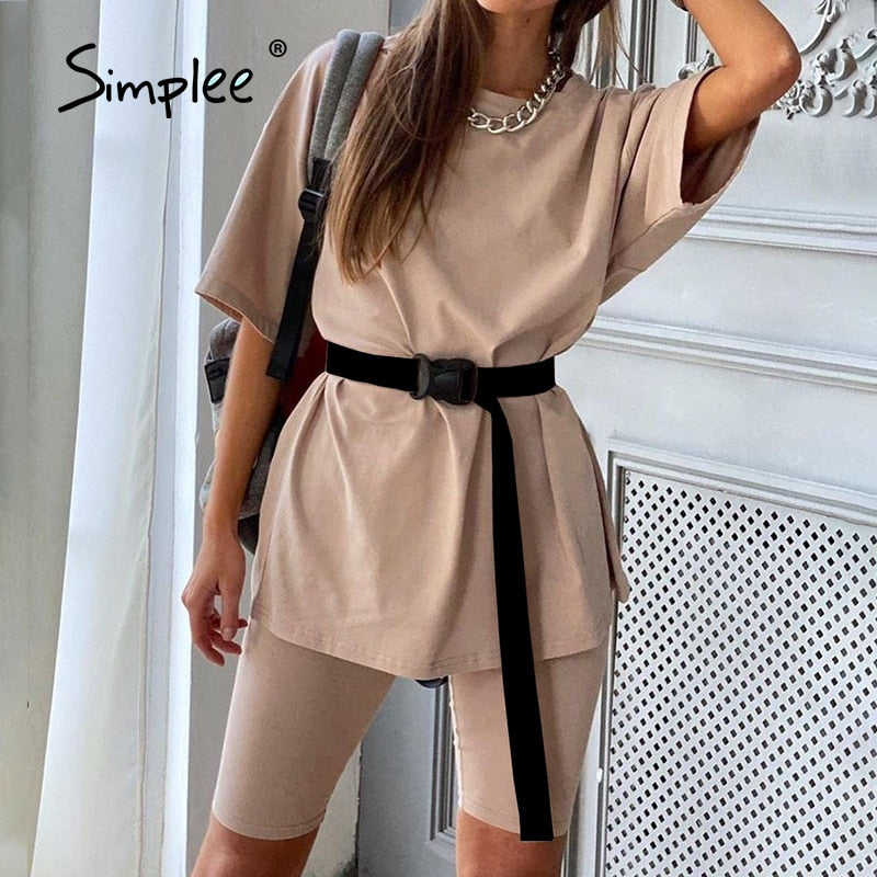 Simplee Casual Solid Outfits Women's Two Piece Suit with Belt Home Loose Sports Tracksuits Fashion Bicycle Summer Hot Suit 2020