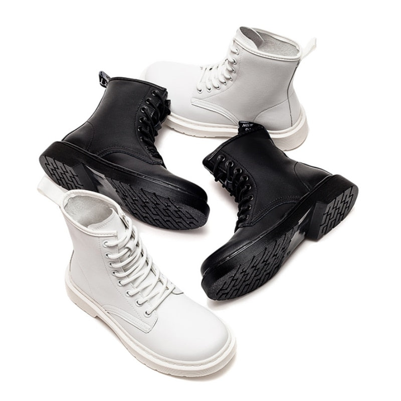 Soft Split Leather Women White Ankle Boots Motorcycle Boots Female Autumn Winter Shoes Woman Punk Motorcycle Boots Spring Winter