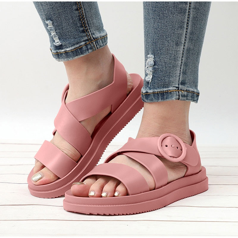 MCCKLE Flat Sandals Women Shoes Gladiator Open Toe Buckle Soft Jelly Sandals Female Casual Women's Flat Platform Beach Shoes