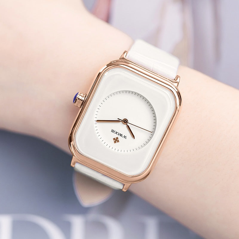 Fashion Women Watches 2021 WWOOR White Leather Minimalist Rectangle Ladies Quartz Dress Wristwatch Relogio Feminino Montre Femme