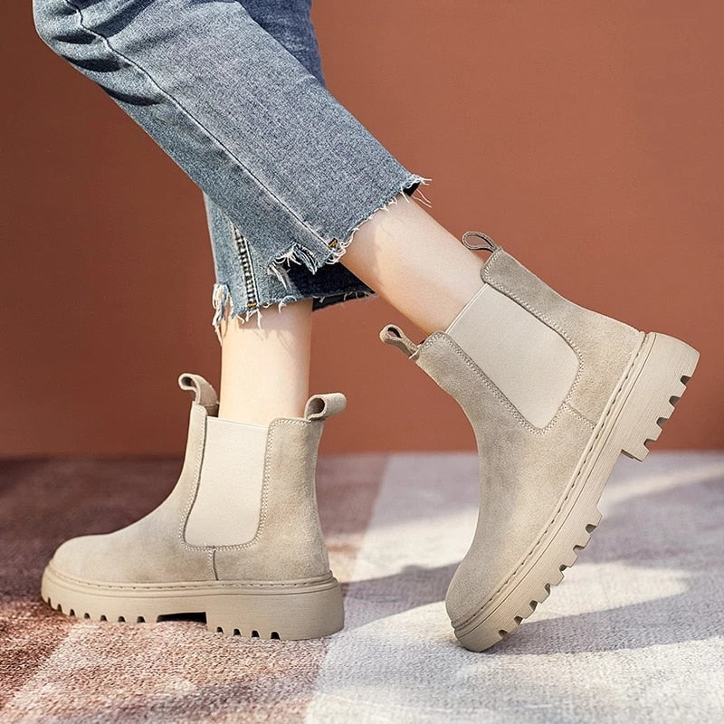 Chelsea Boots Chunky Boots Women Winter Shoes Cow Suede  Ankle Boots Black Female Autumn Fashion Platform Booties