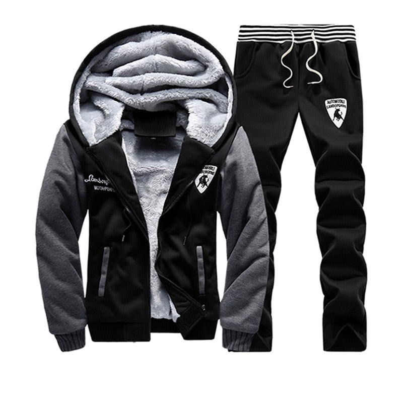 Winter Men's Hooded Cardigan Tracksuit Warm Sports Jacket Drawstring Two-Piece Sweatshirts Plus Size Clothes Casual Outwear Set